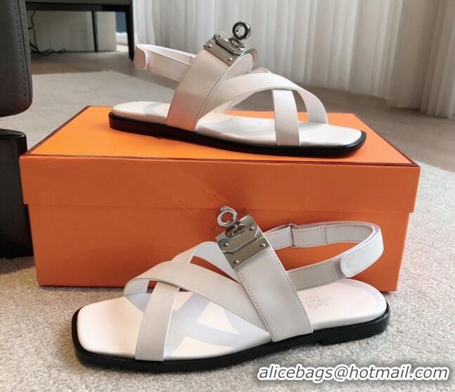 Classic Hot Hermes Ines Calfskin Flat Sandals with Oversized Kelly Buckle White 0226102