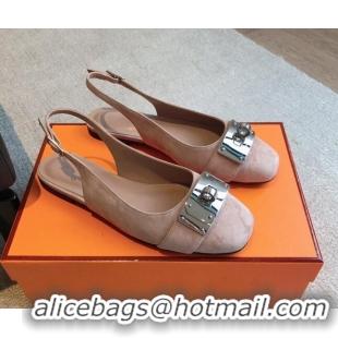 Pretty Style Hermes Innocente Suede Slingback Ballet Flat with Oversized Kelly Buckle Nude 226103