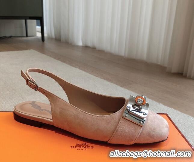 Pretty Style Hermes Innocente Suede Slingback Ballet Flat with Oversized Kelly Buckle Nude 226103