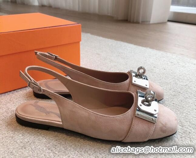 Pretty Style Hermes Innocente Suede Slingback Ballet Flat with Oversized Kelly Buckle Nude 226103