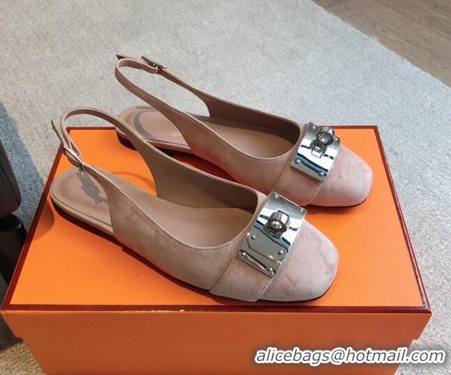 Pretty Style Hermes Innocente Suede Slingback Ballet Flat with Oversized Kelly Buckle Nude 226103