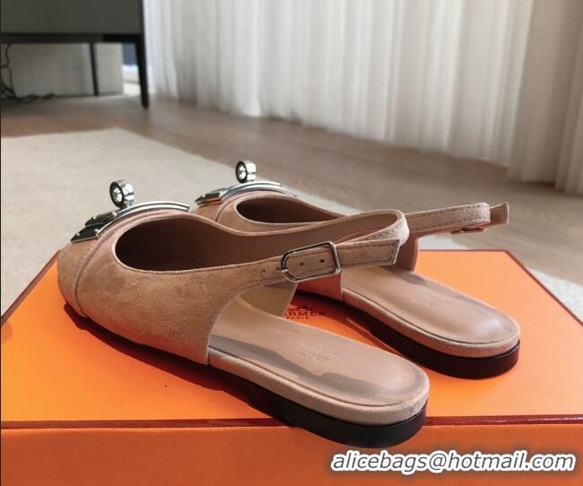 Pretty Style Hermes Innocente Suede Slingback Ballet Flat with Oversized Kelly Buckle Nude 226103