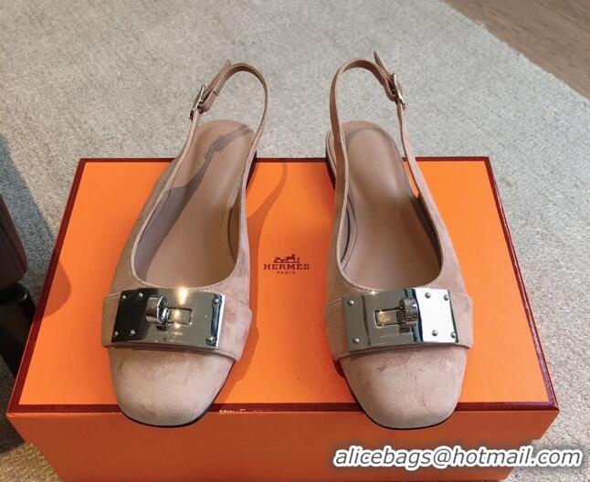 Pretty Style Hermes Innocente Suede Slingback Ballet Flat with Oversized Kelly Buckle Nude 226103