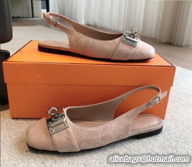 Pretty Style Hermes Innocente Suede Slingback Ballet Flat with Oversized Kelly Buckle Nude 226103