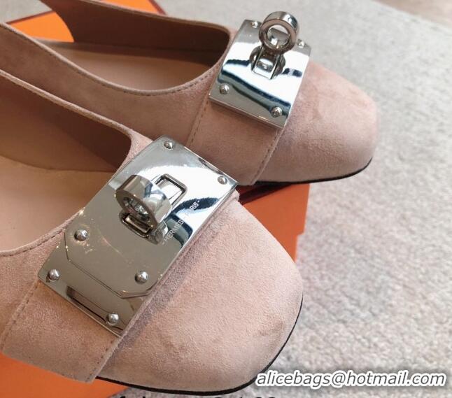 Pretty Style Hermes Innocente Suede Slingback Ballet Flat with Oversized Kelly Buckle Nude 226103