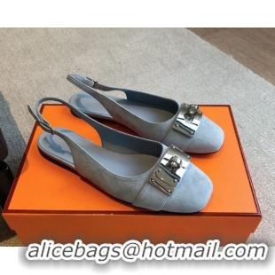 Shop Cheap Hermes Innocente Suede Slingback Ballet Flat with Oversized Kelly Buckle Dusty Blue 0226104