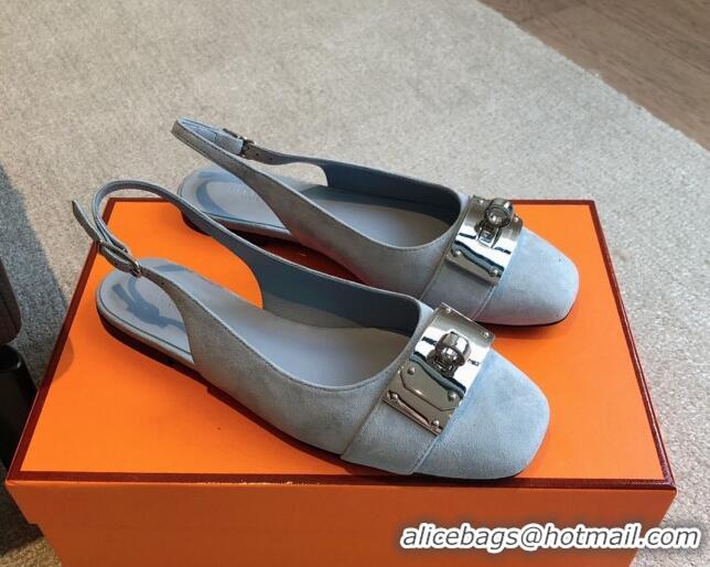 Shop Cheap Hermes Innocente Suede Slingback Ballet Flat with Oversized Kelly Buckle Dusty Blue 0226104