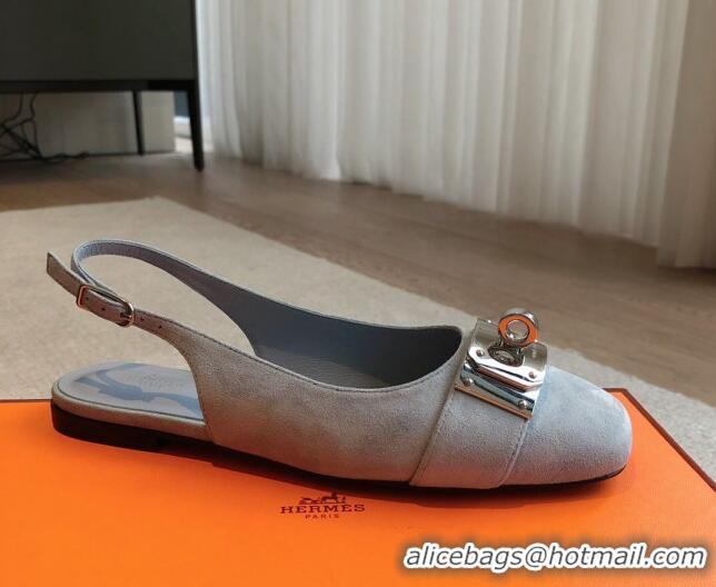 Shop Cheap Hermes Innocente Suede Slingback Ballet Flat with Oversized Kelly Buckle Dusty Blue 0226104