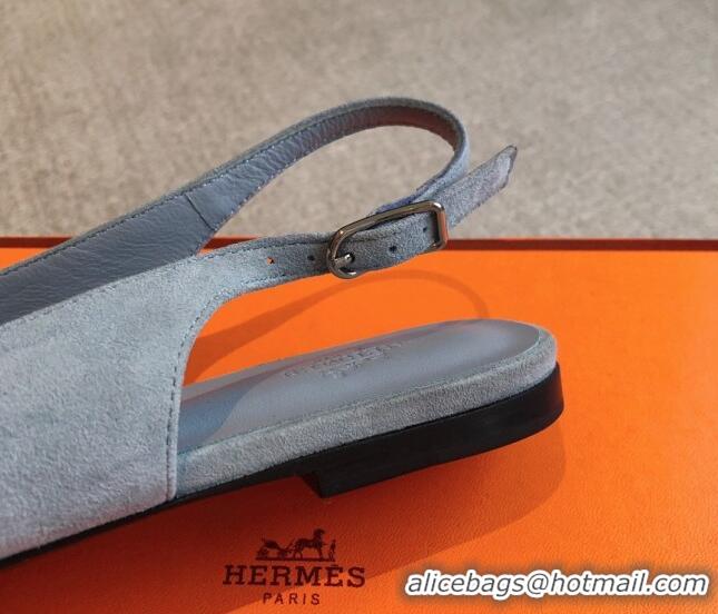 Shop Cheap Hermes Innocente Suede Slingback Ballet Flat with Oversized Kelly Buckle Dusty Blue 0226104