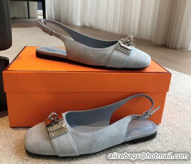 Shop Cheap Hermes Innocente Suede Slingback Ballet Flat with Oversized Kelly Buckle Dusty Blue 0226104