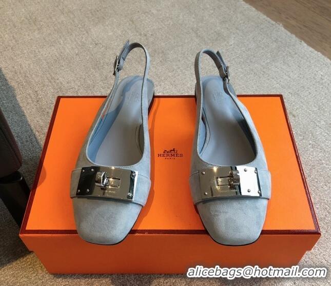 Shop Cheap Hermes Innocente Suede Slingback Ballet Flat with Oversized Kelly Buckle Dusty Blue 0226104