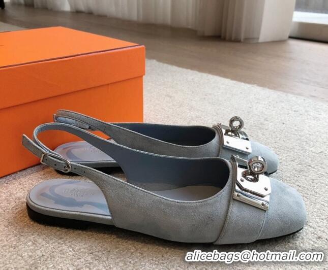 Shop Cheap Hermes Innocente Suede Slingback Ballet Flat with Oversized Kelly Buckle Dusty Blue 0226104