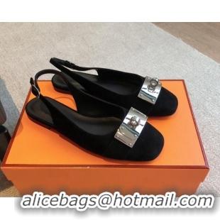 Luxurious Hermes Innocente Suede Slingback Ballet Flat with Oversized Kelly Buckle Black 226105