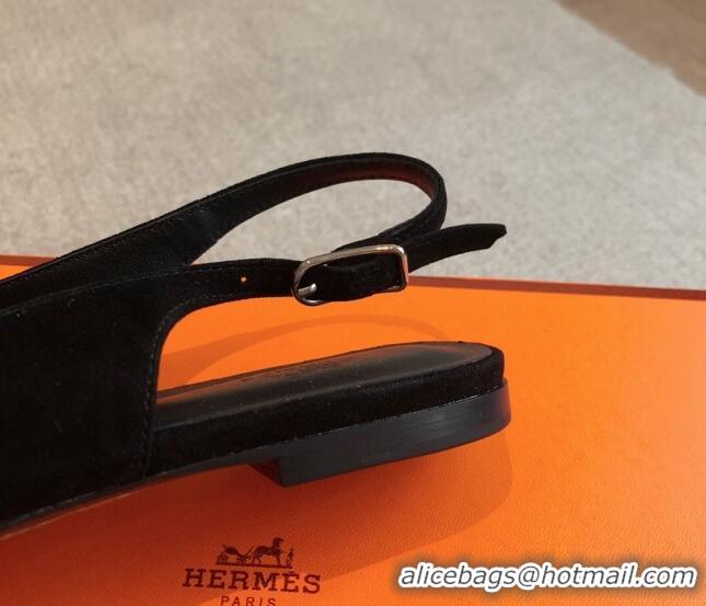 Luxurious Hermes Innocente Suede Slingback Ballet Flat with Oversized Kelly Buckle Black 226105