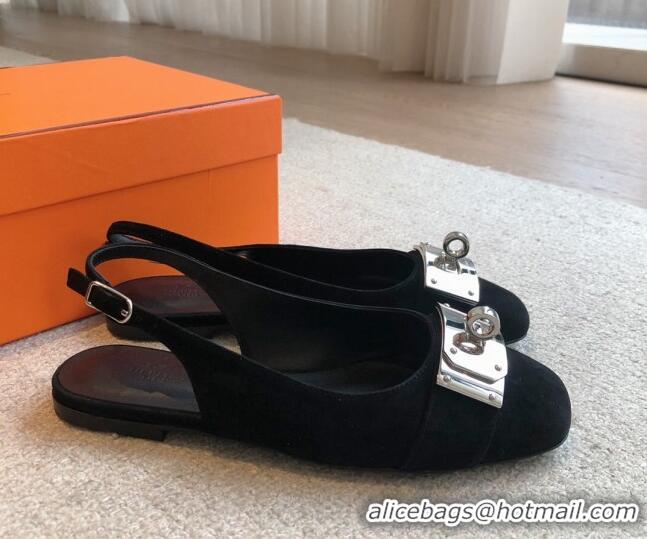 Luxurious Hermes Innocente Suede Slingback Ballet Flat with Oversized Kelly Buckle Black 226105