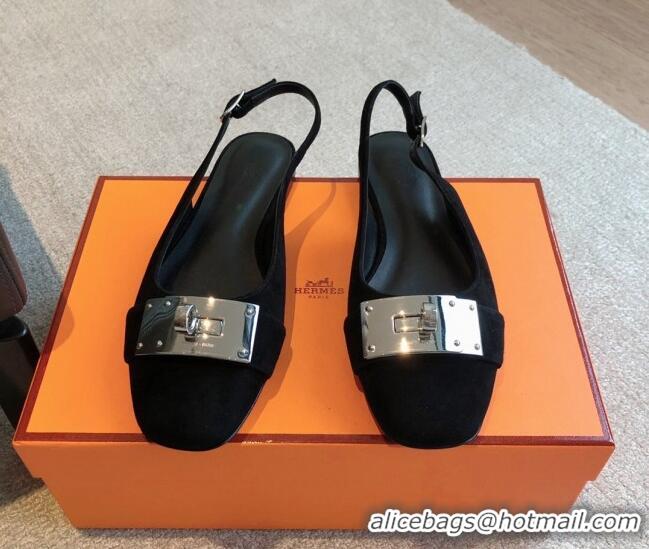 Luxurious Hermes Innocente Suede Slingback Ballet Flat with Oversized Kelly Buckle Black 226105