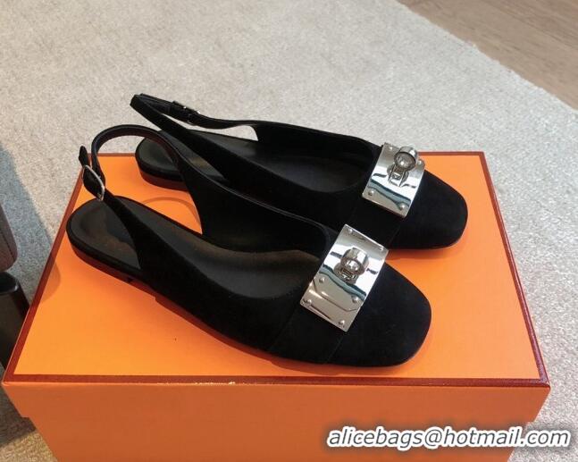 Luxurious Hermes Innocente Suede Slingback Ballet Flat with Oversized Kelly Buckle Black 226105