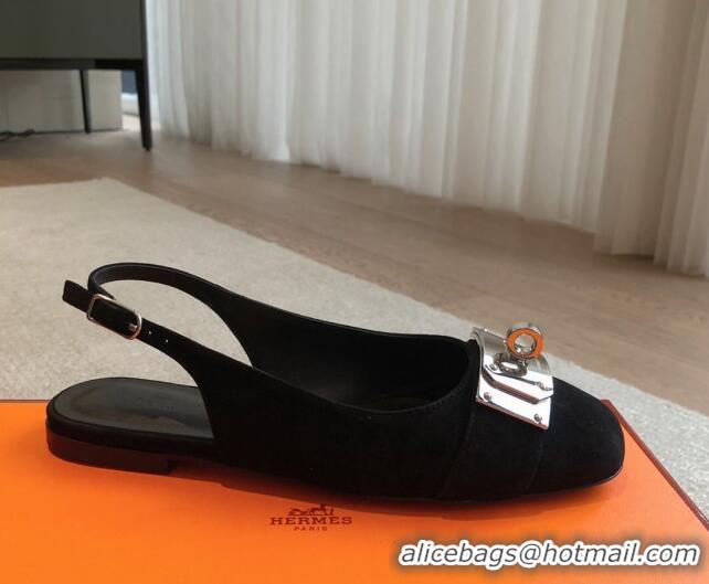 Luxurious Hermes Innocente Suede Slingback Ballet Flat with Oversized Kelly Buckle Black 226105