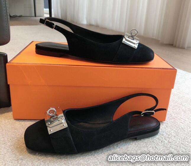 Luxurious Hermes Innocente Suede Slingback Ballet Flat with Oversized Kelly Buckle Black 226105