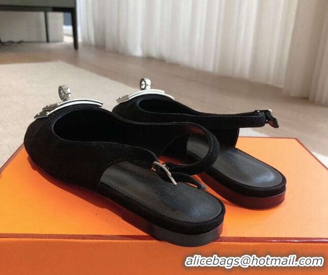 Luxurious Hermes Innocente Suede Slingback Ballet Flat with Oversized Kelly Buckle Black 226105