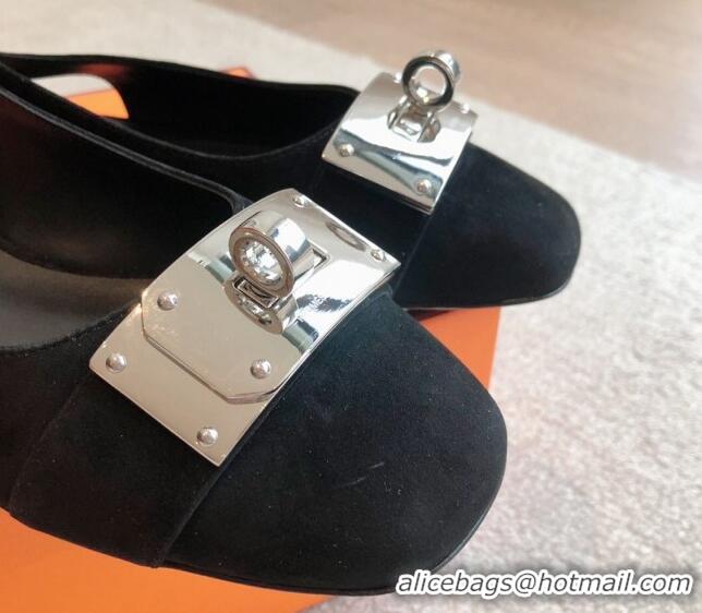 Luxurious Hermes Innocente Suede Slingback Ballet Flat with Oversized Kelly Buckle Black 226105