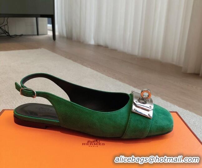 Good Quality Hermes Innocente Suede Slingback Ballet Flat with Oversized Kelly Buckle Green 0226106