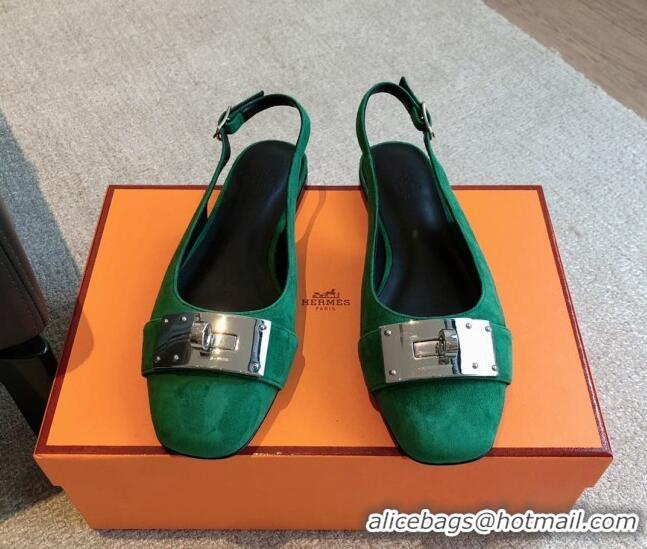 Good Quality Hermes Innocente Suede Slingback Ballet Flat with Oversized Kelly Buckle Green 0226106