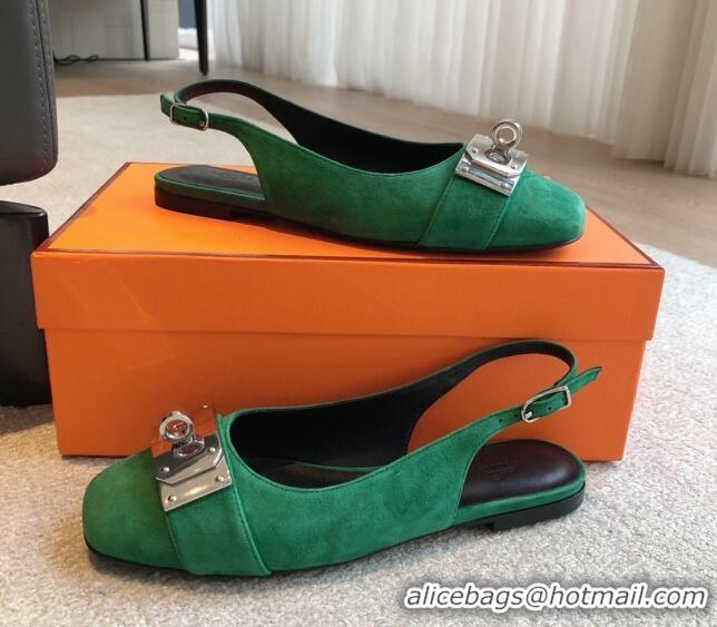 Good Quality Hermes Innocente Suede Slingback Ballet Flat with Oversized Kelly Buckle Green 0226106