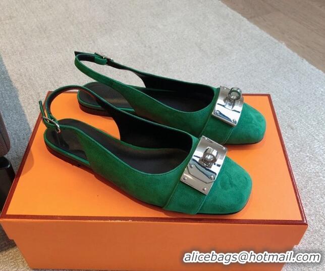 Good Quality Hermes Innocente Suede Slingback Ballet Flat with Oversized Kelly Buckle Green 0226106