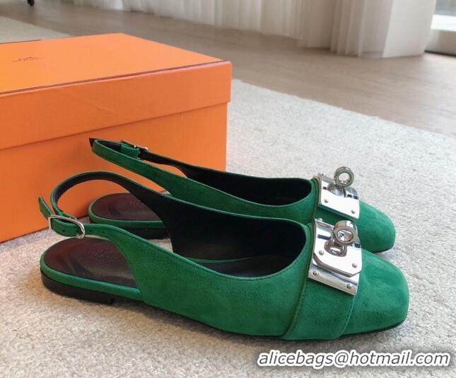 Good Quality Hermes Innocente Suede Slingback Ballet Flat with Oversized Kelly Buckle Green 0226106