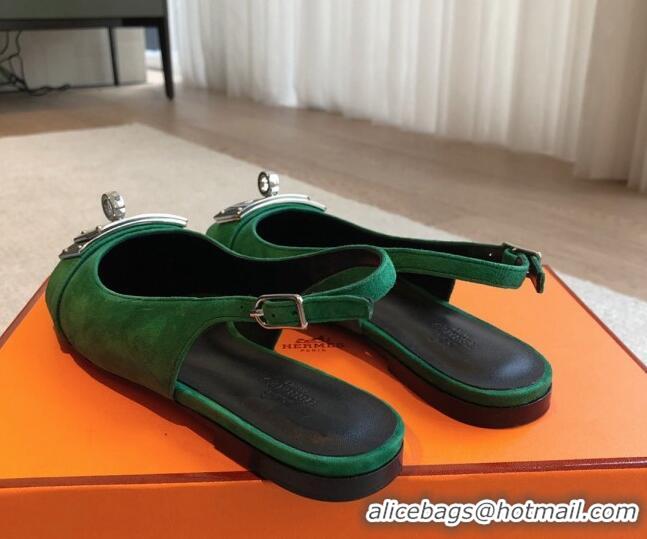 Good Quality Hermes Innocente Suede Slingback Ballet Flat with Oversized Kelly Buckle Green 0226106