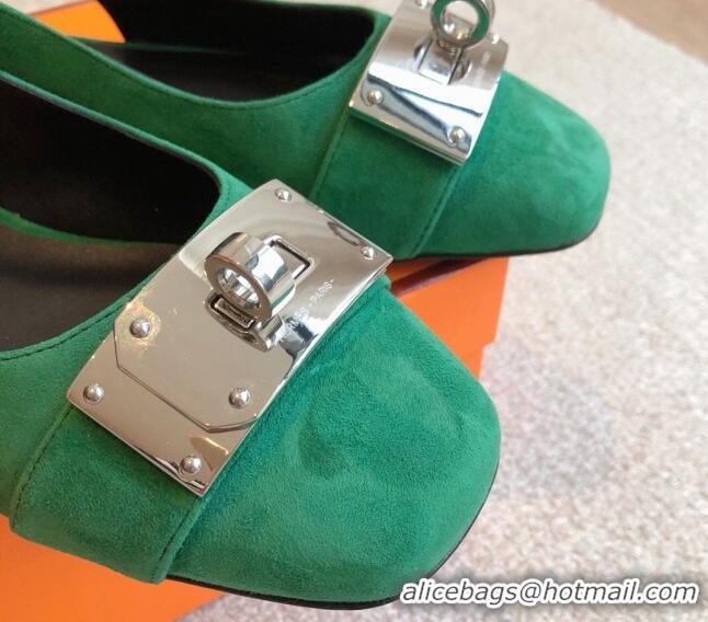 Good Quality Hermes Innocente Suede Slingback Ballet Flat with Oversized Kelly Buckle Green 0226106