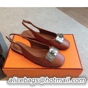 Grade Quality Hermes Innocente Calfskin Slingback Ballet Flat with Oversized Kelly Buckle Brown 0226107