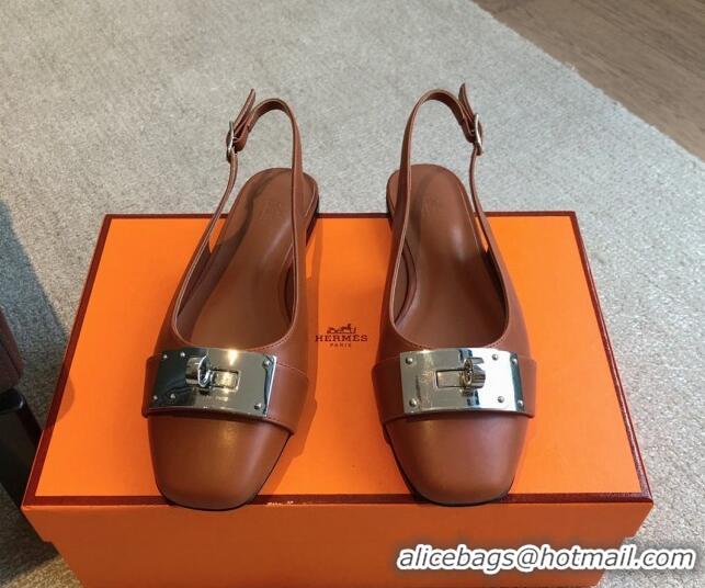 Grade Quality Hermes Innocente Calfskin Slingback Ballet Flat with Oversized Kelly Buckle Brown 0226107