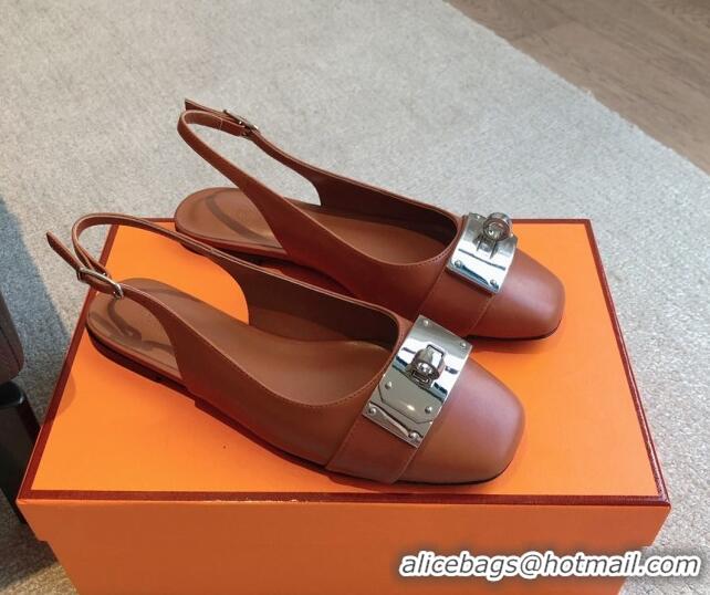 Grade Quality Hermes Innocente Calfskin Slingback Ballet Flat with Oversized Kelly Buckle Brown 0226107