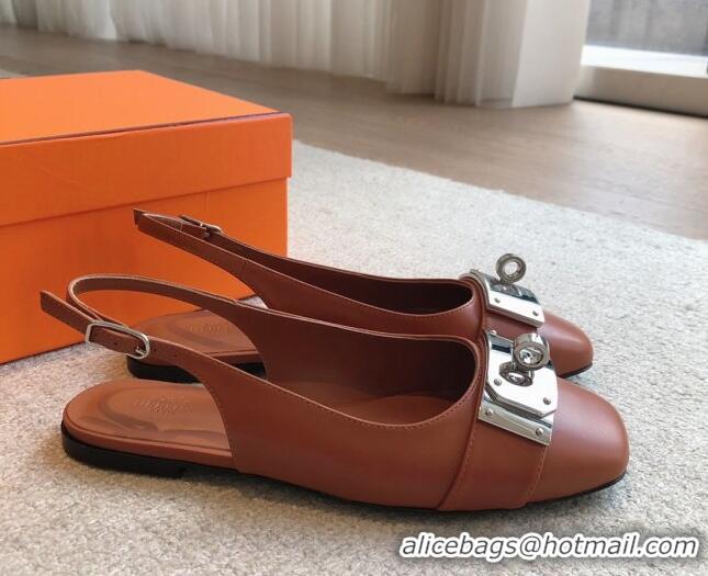 Grade Quality Hermes Innocente Calfskin Slingback Ballet Flat with Oversized Kelly Buckle Brown 0226107