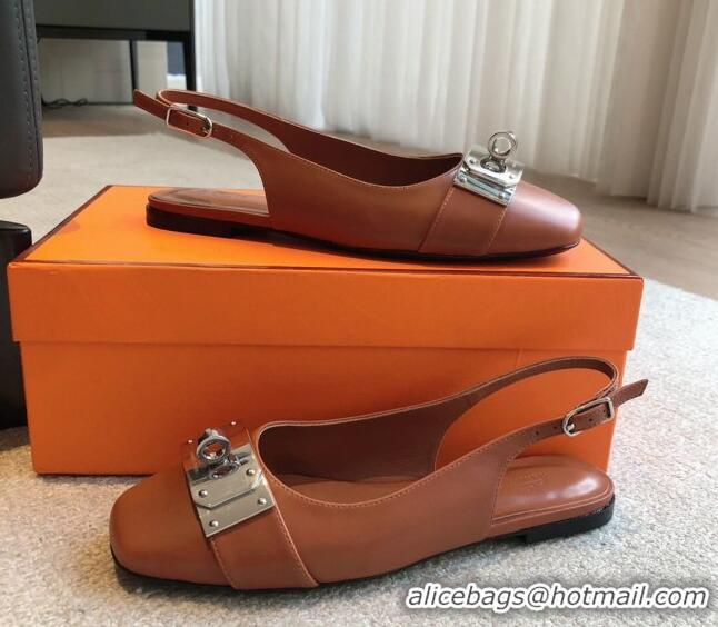 Grade Quality Hermes Innocente Calfskin Slingback Ballet Flat with Oversized Kelly Buckle Brown 0226107