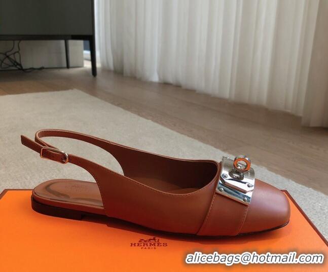 Grade Quality Hermes Innocente Calfskin Slingback Ballet Flat with Oversized Kelly Buckle Brown 0226107