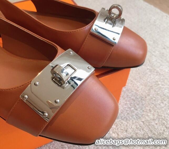 Grade Quality Hermes Innocente Calfskin Slingback Ballet Flat with Oversized Kelly Buckle Brown 0226107