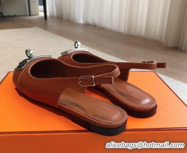 Grade Quality Hermes Innocente Calfskin Slingback Ballet Flat with Oversized Kelly Buckle Brown 0226107