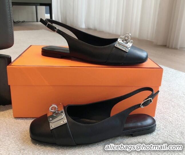 Best Grade Hermes Innocente Calfskin Slingback Ballet Flat with Oversized Kelly Buckle Black 226108