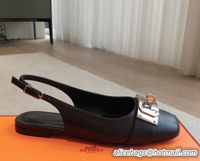 Best Grade Hermes Innocente Calfskin Slingback Ballet Flat with Oversized Kelly Buckle Black 226108