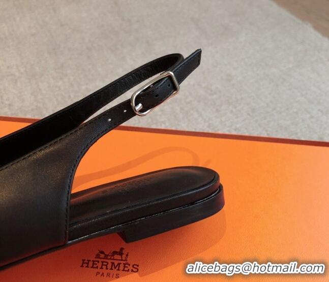 Best Grade Hermes Innocente Calfskin Slingback Ballet Flat with Oversized Kelly Buckle Black 226108