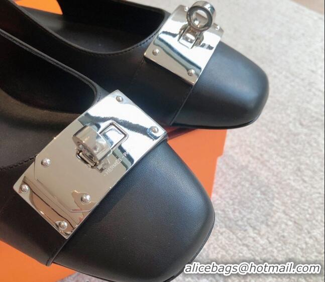 Best Grade Hermes Innocente Calfskin Slingback Ballet Flat with Oversized Kelly Buckle Black 226108