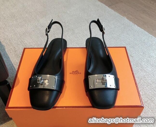 Best Grade Hermes Innocente Calfskin Slingback Ballet Flat with Oversized Kelly Buckle Black 226108