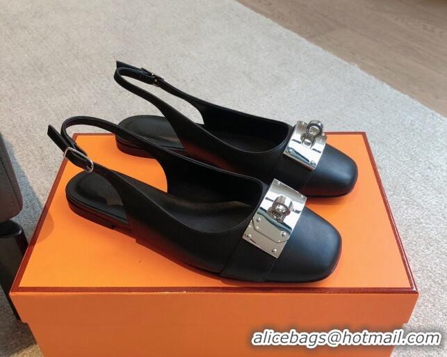 Best Grade Hermes Innocente Calfskin Slingback Ballet Flat with Oversized Kelly Buckle Black 226108