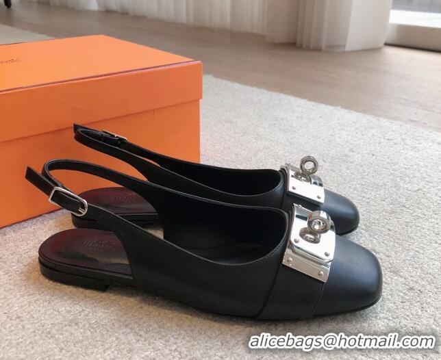 Best Grade Hermes Innocente Calfskin Slingback Ballet Flat with Oversized Kelly Buckle Black 226108