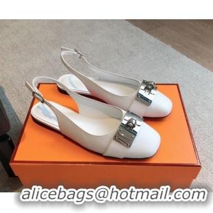 Top Grade Hermes Innocente Calfskin Slingback Ballet Flat with Oversized Kelly Buckle White 0226109