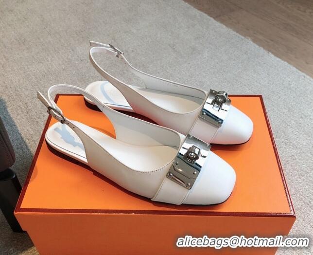 Top Grade Hermes Innocente Calfskin Slingback Ballet Flat with Oversized Kelly Buckle White 0226109