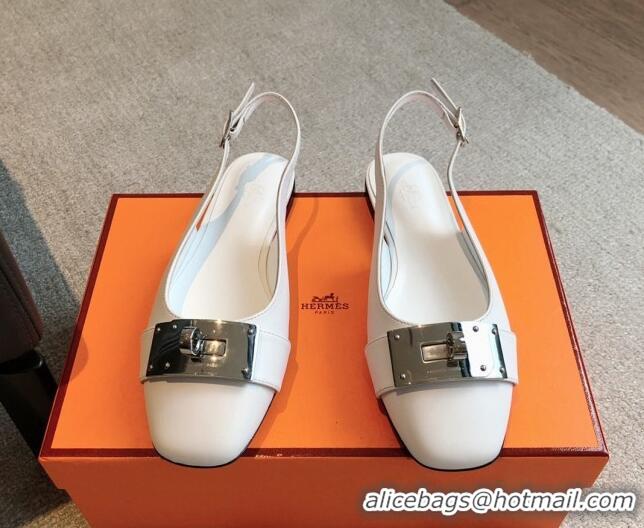 Top Grade Hermes Innocente Calfskin Slingback Ballet Flat with Oversized Kelly Buckle White 0226109